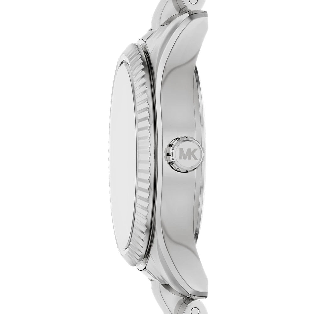 Side profile view showing the slim 7mm silver-tone case thickness of the Michael Kors MK7580