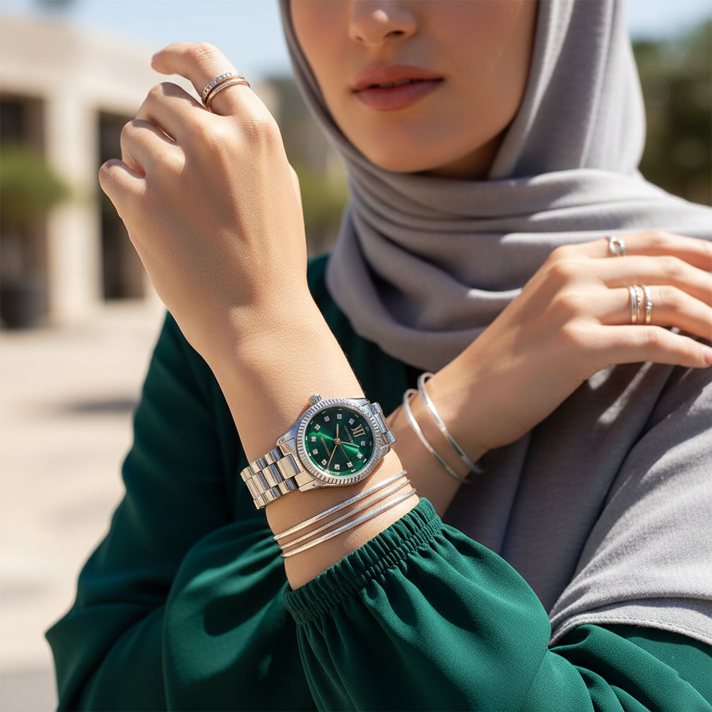 Woman wearing Michael Kors Petite Lexington silver watch with green dial styled for a modern chic look