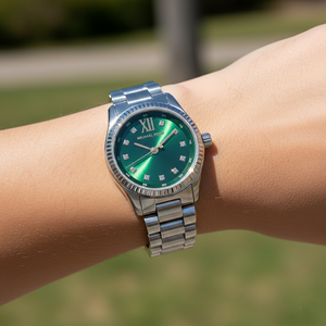 Close up shot of Michael Kors MK7580 on wrist showing the brushed texture of the green dial and crystal markers