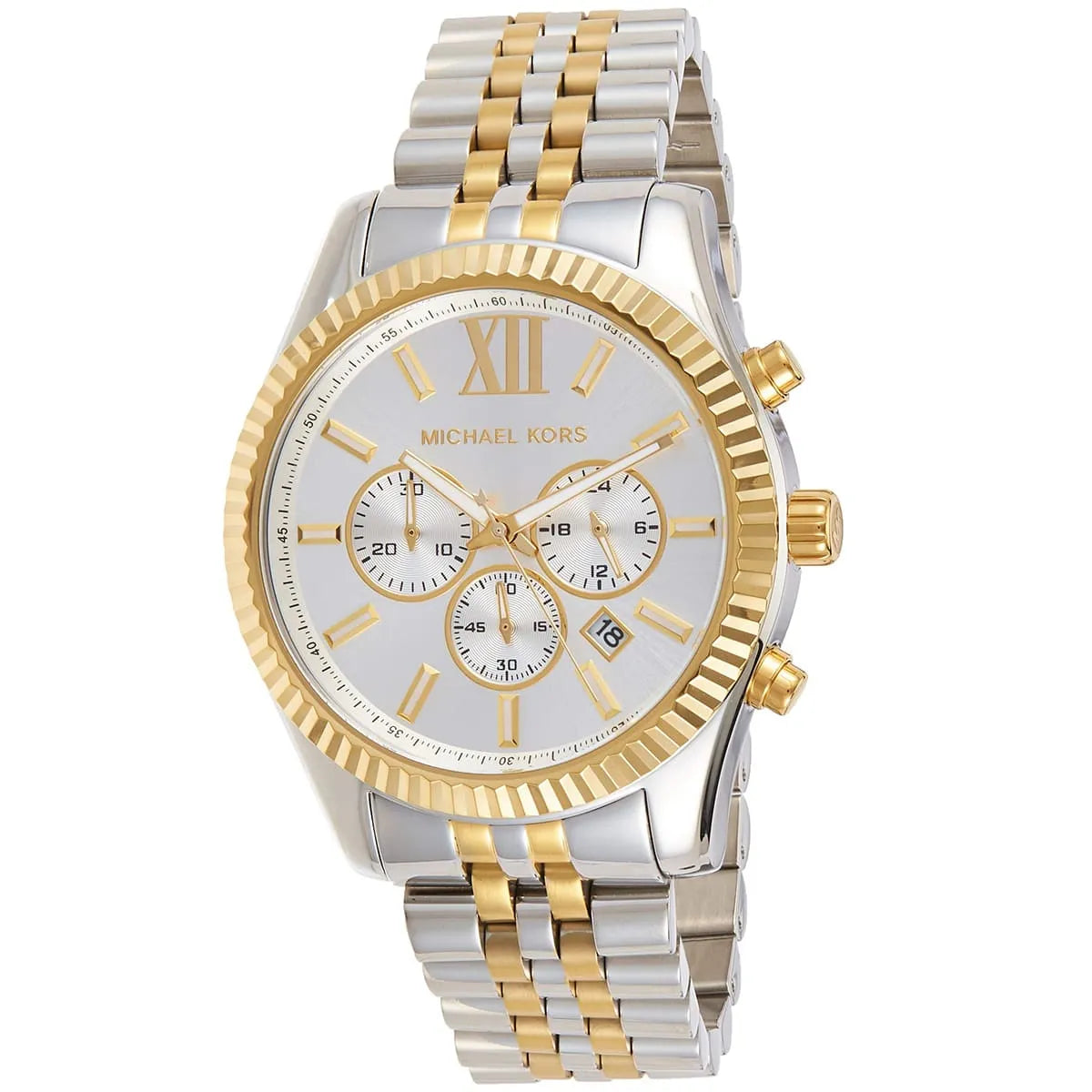 Angled front view of Michael Kors MK8344 showing reflection on fluted bezel