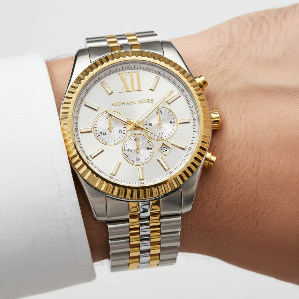 Extreme close-up of Michael Kors MK8344 showing gold fluted bezel and roman numerals