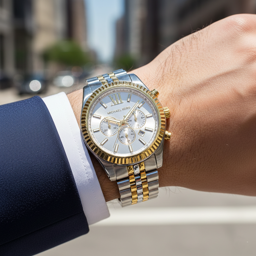 Extreme close-up of Michael Kors MK8344 showing gold fluted bezel and roman numerals