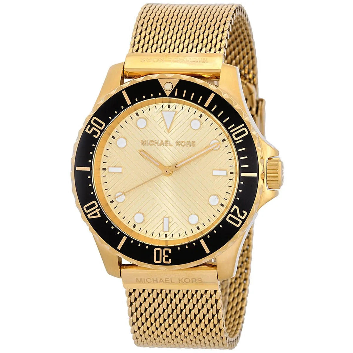 Angled front view of Michael Kors MK9083 showing grip texture on black bezel