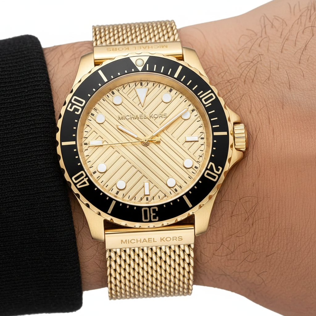 Extreme close-up of Michael Kors MK9083 showing textured gold dial and mesh links