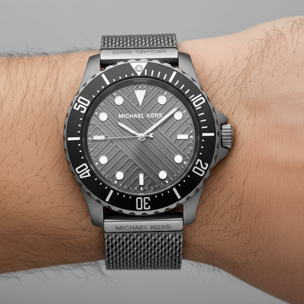 Extreme close-up of Michael Kors MK9093 showing grey textured dial and gunmetal mesh