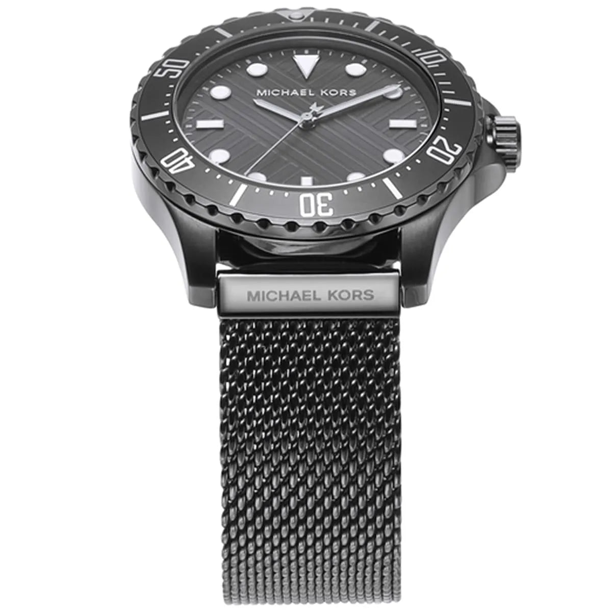 Side view of Michael Kors MK9093 showing gunmetal case and crown guard
