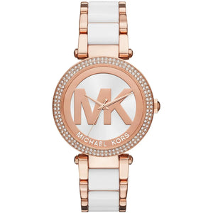 Michael Kors MK6365 Parker Women's Watch Rose Gold and White Acetate with Logo Dial