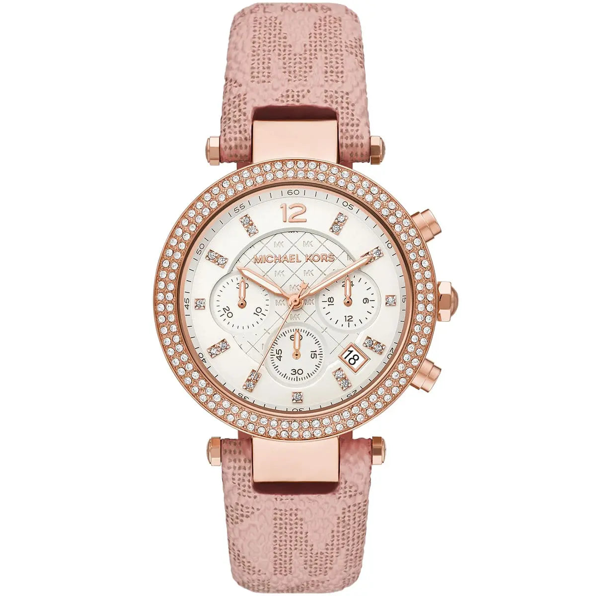Michael Kors MK6935 Parker Women's Rose Gold Watch with Pink Logo Strap and Crystals