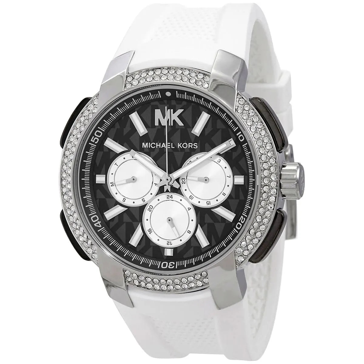 Angled shot of the Michael Kors Sidney MK6947 showing the contrast between the black dial and white strap