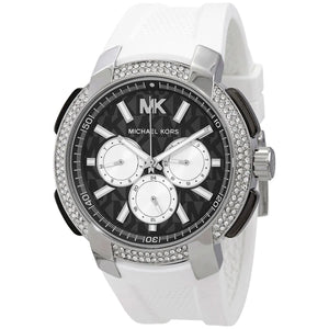Angled shot of the Michael Kors Sidney MK6947 showing the contrast between the black dial and white strap