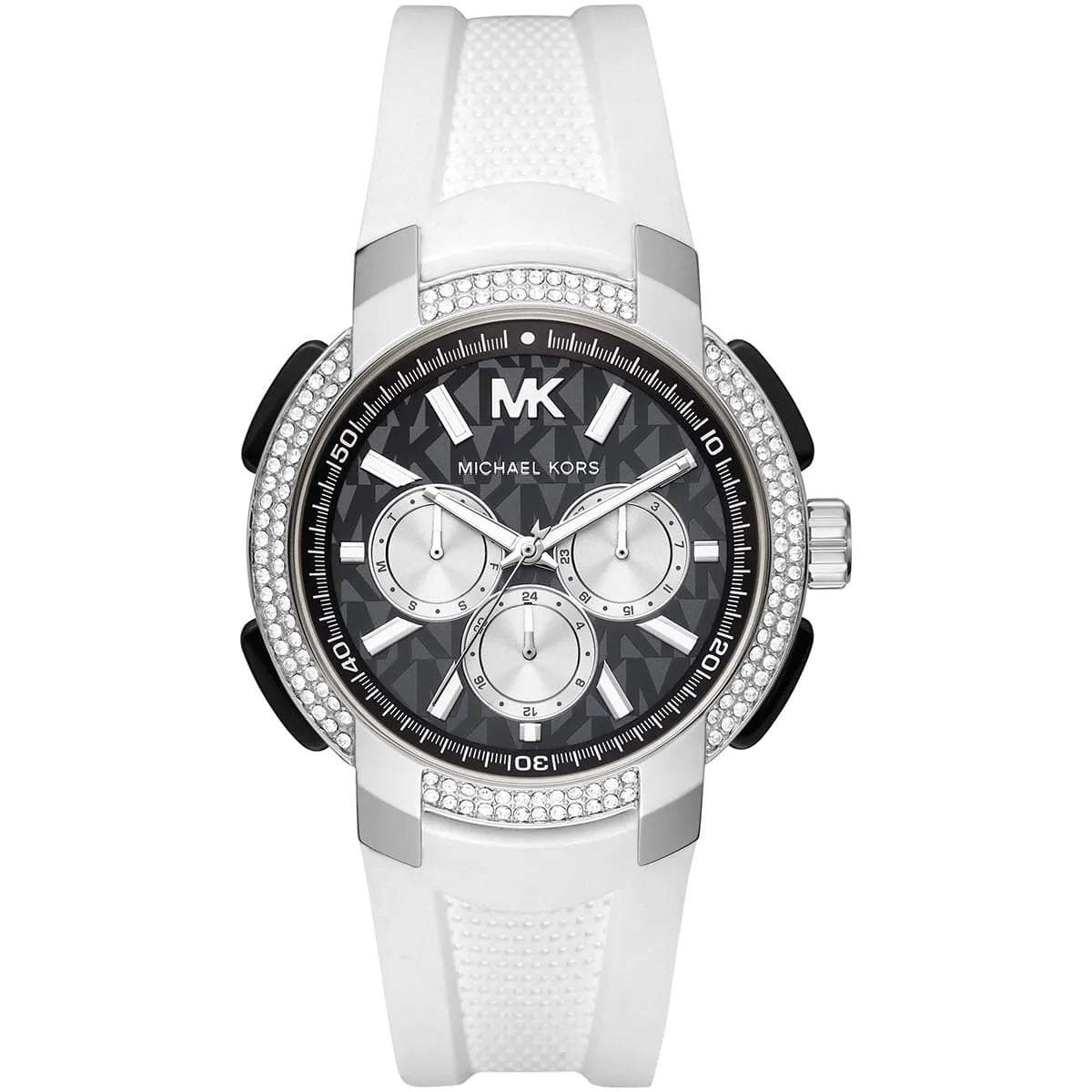 Michael Kors Sidney MK6947 women's silver watch with black dial and white rubber strap