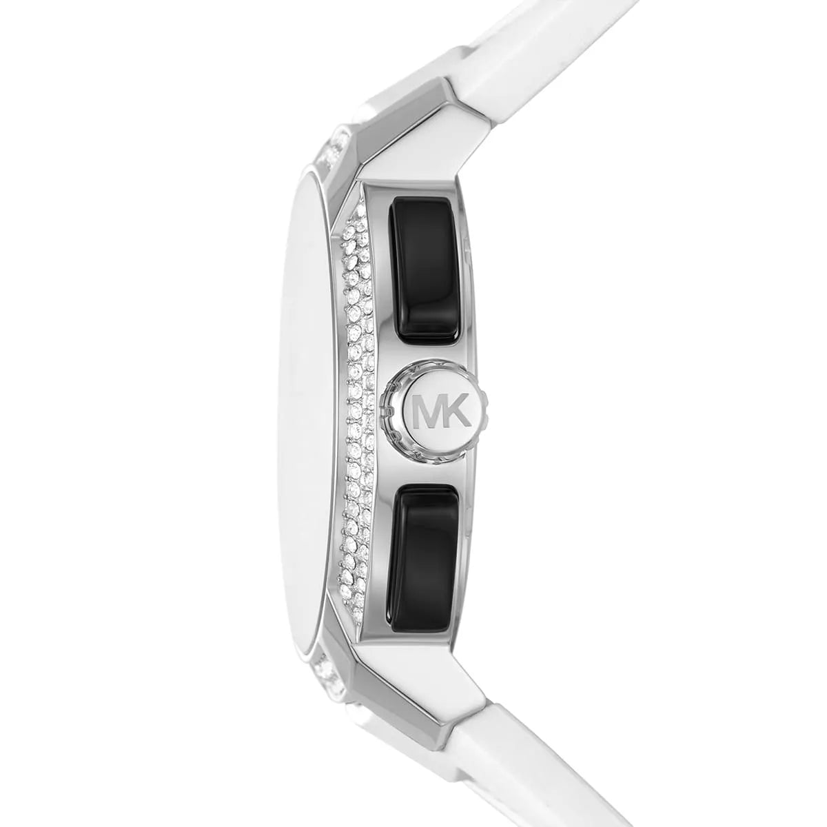 Side profile of the polished silver-tone case and textured crown on the Michael Kors MK6947