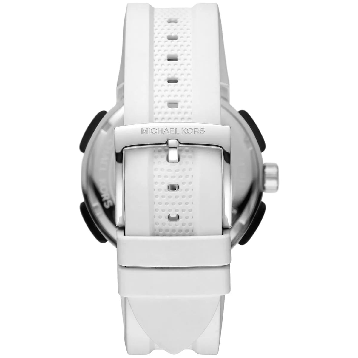 Silver-tone stainless steel pin buckle with engraved Michael Kors logo on the white rubber strap