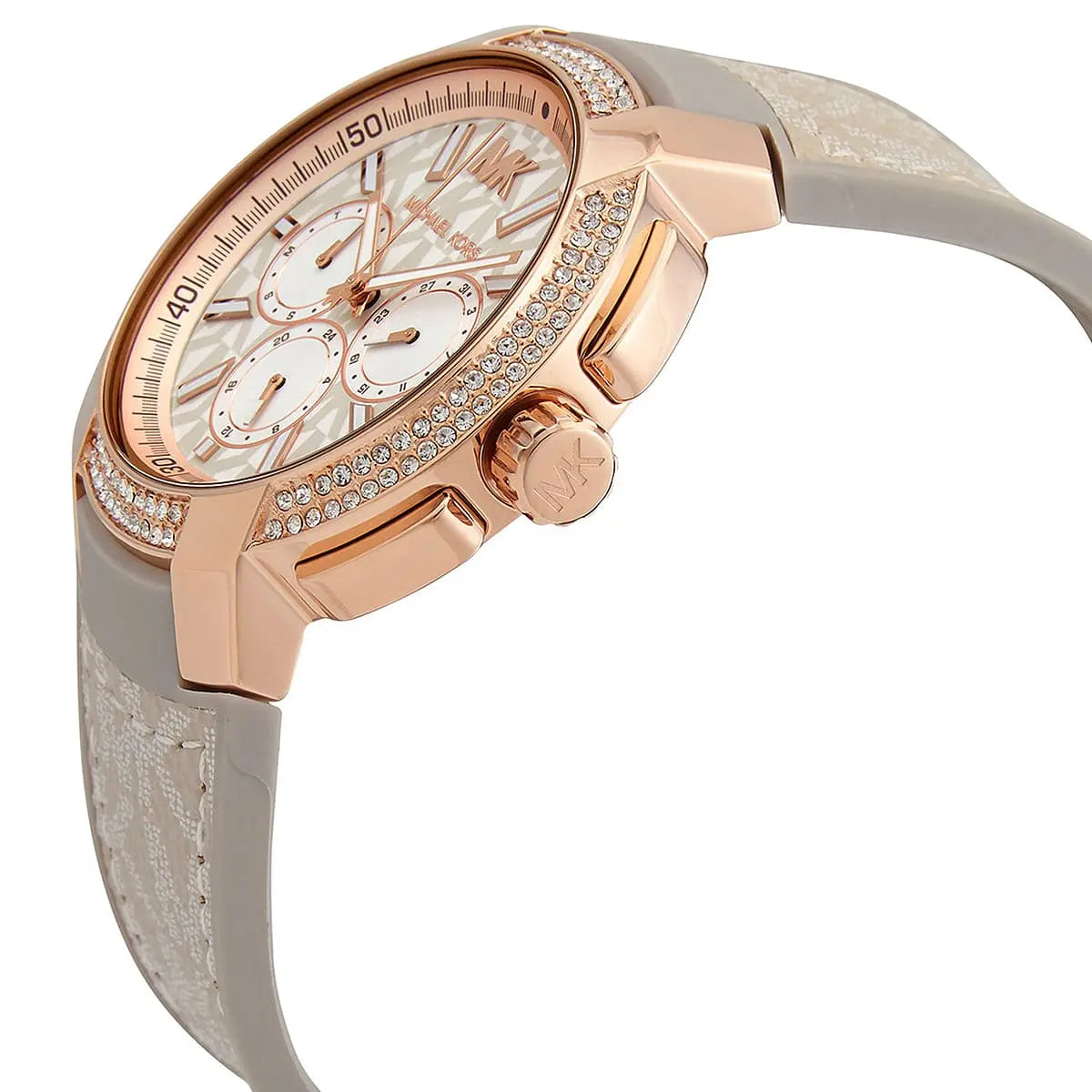 Side profile of the polished rose gold-tone case and textured crown on the Michael Kors MK6949