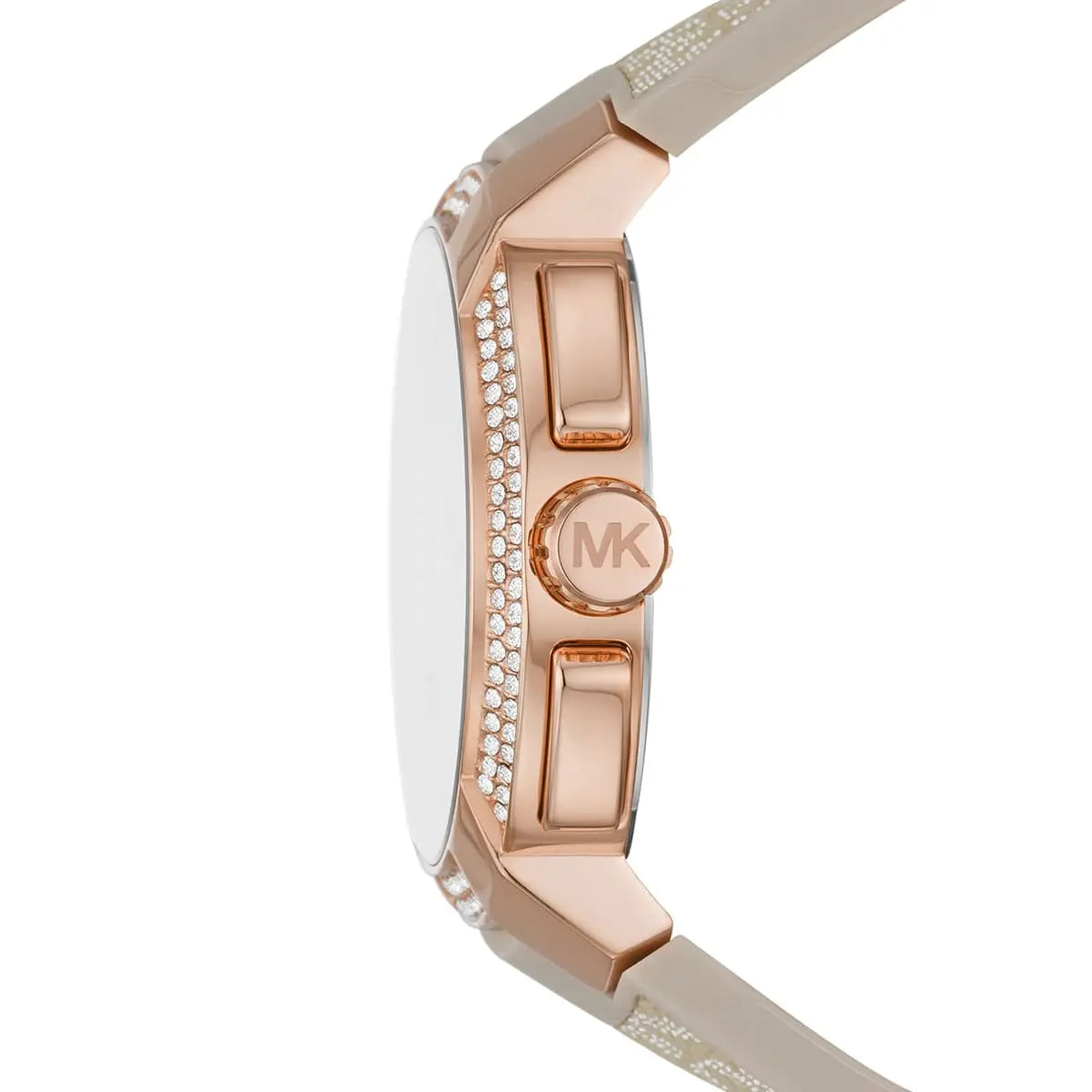 Side profile of the polished rose gold-tone case and textured crown on the Michael Kors MK6949