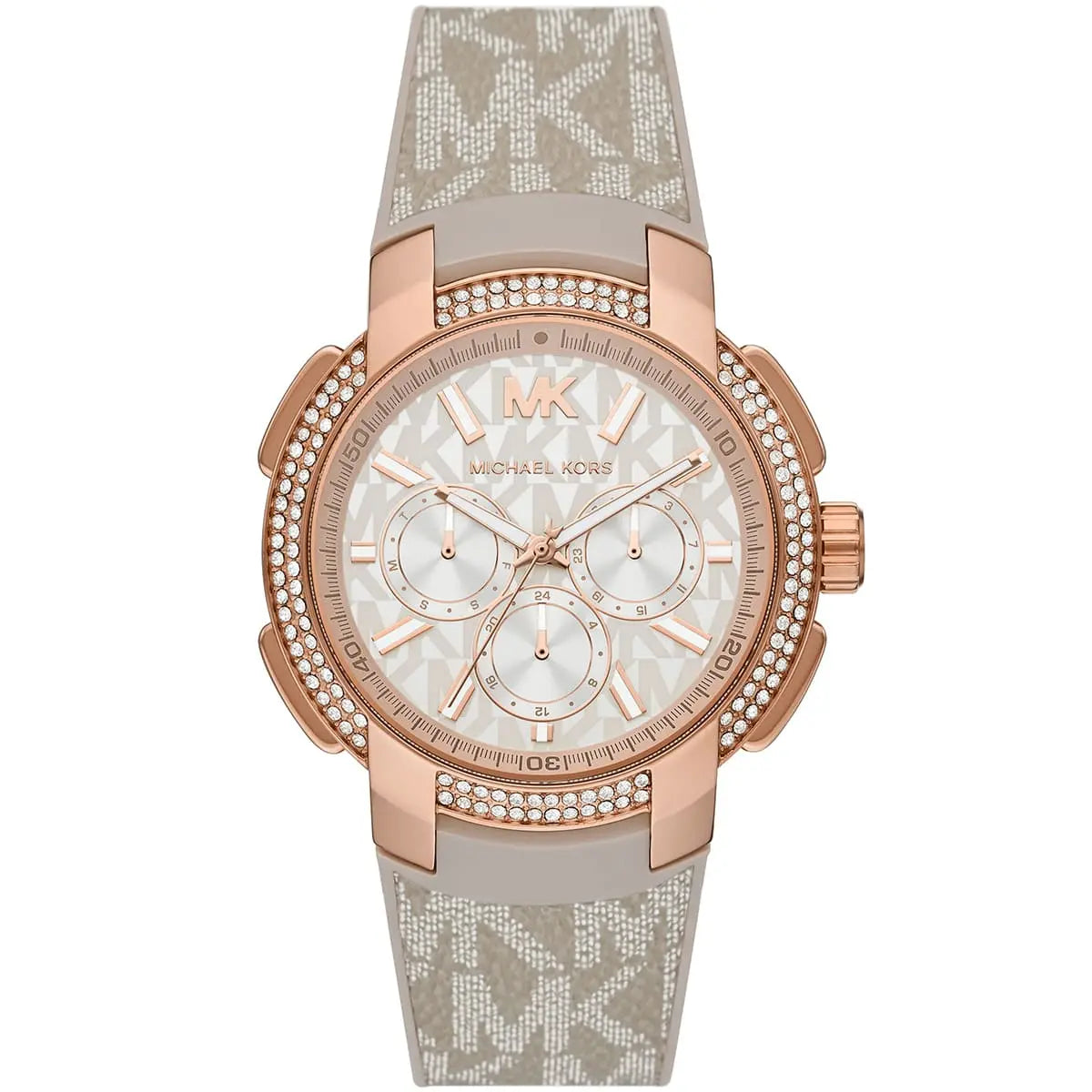 Michael Kors Sidney MK6949 women's rose gold watch with grey MK logo printed rubber strap and crystal bezel