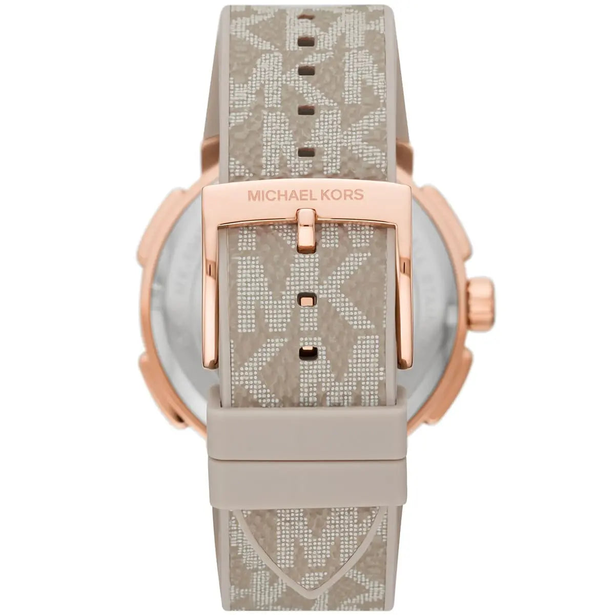 Rose gold-tone stainless steel pin buckle with engraved Michael Kors logo on the grey rubber strap