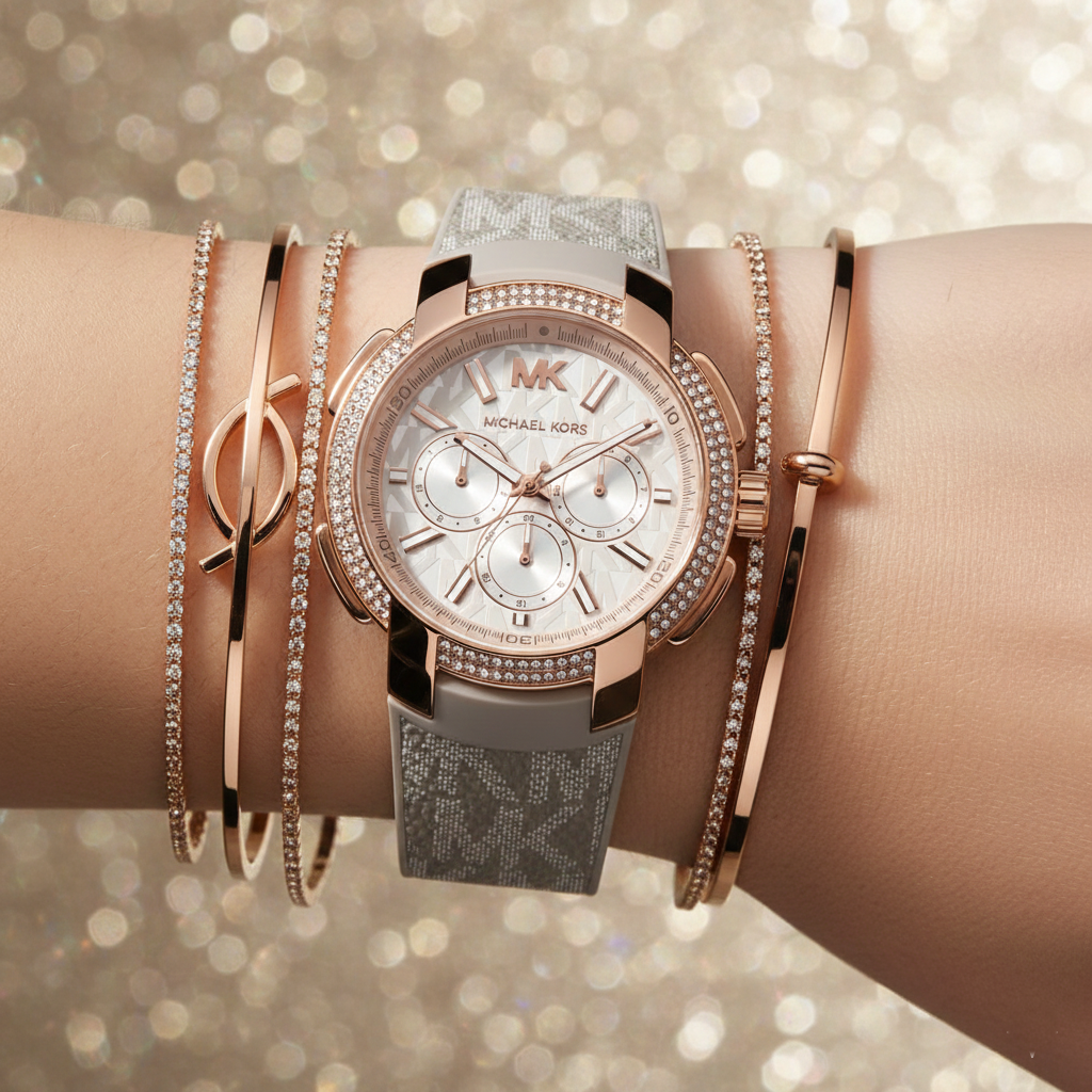 Close up of the MK6949 white dial showing the embossed MK logo pattern and rose gold-tone chronograph sub-dials