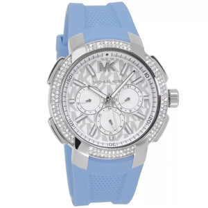 Angled shot of the Michael Kors Sidney MK7220 showing the sparkling crystals and blue rubber strap