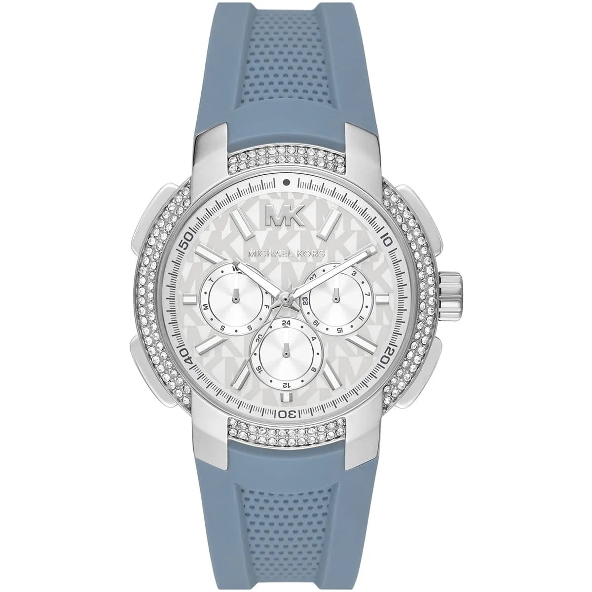 Michael Kors Sidney MK7220 women's silver watch with baby blue rubber strap and crystal bezel