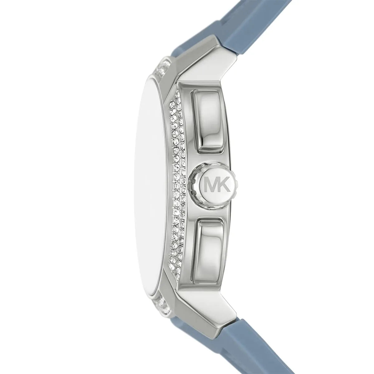 Side profile of the polished silver-tone case and textured crown of the Michael Kors MK7220