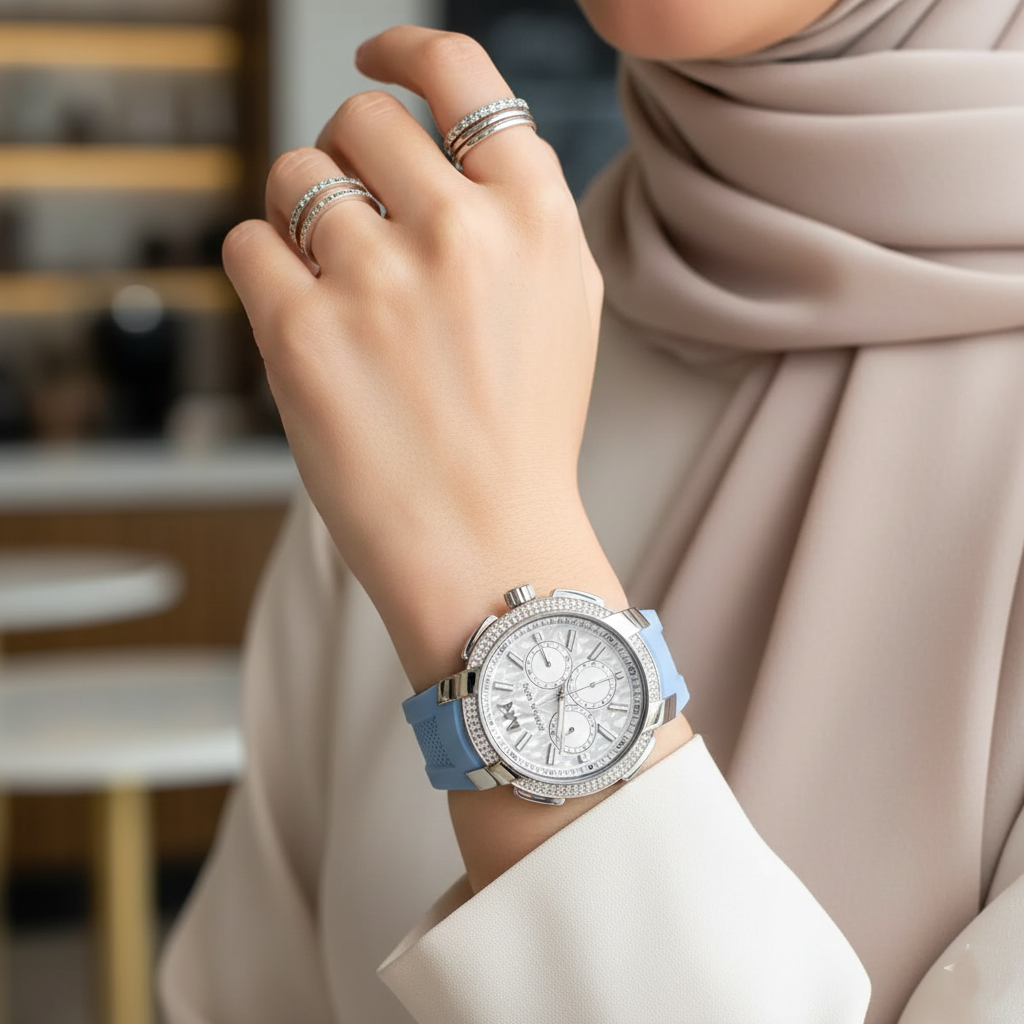 Detailed shot of the brilliant pavé crystal-encrusted bezel on the Michael Kors Sidney MK7220