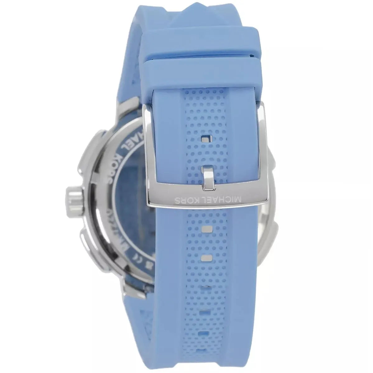 Silver-tone stainless steel pin buckle with engraved Michael Kors logo on the blue rubber strap