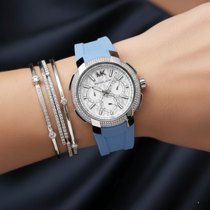 Close up of the MK7220 white dial showing the embossed MK pattern and multi-function sub-dials