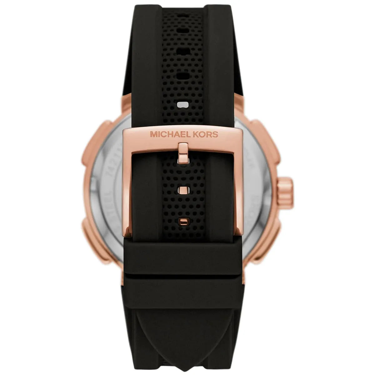 Engraved rose gold-tone stainless steel case back of the Michael Kors Sidney MK7245 women's watch