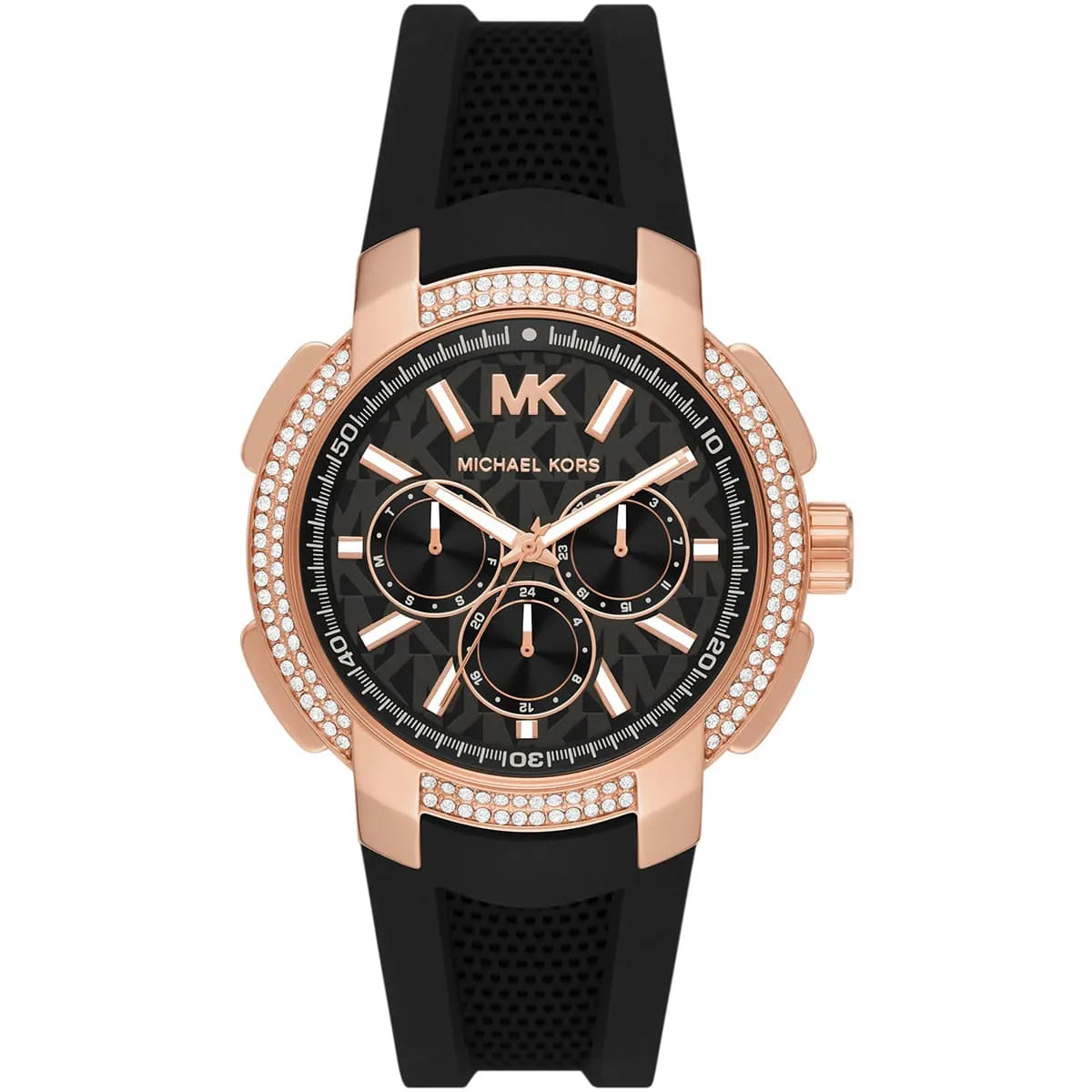Michael Kors Sidney MK7245 women's rose gold watch with black MK logo patterned dial and black rubber strap
