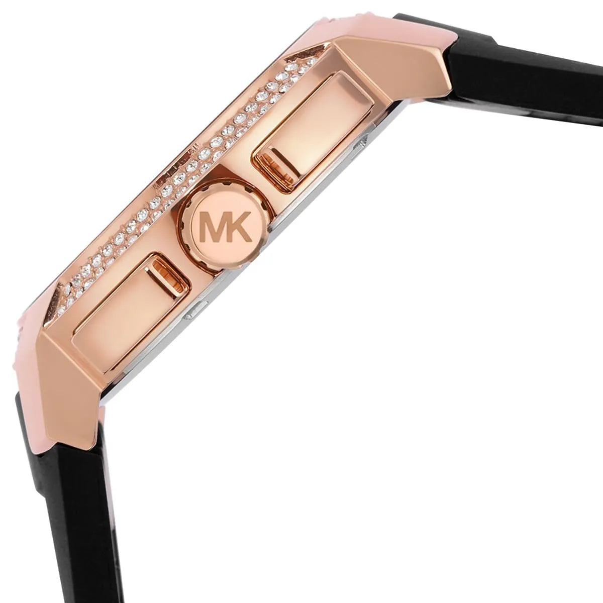 Side profile of the rose gold-tone stainless steel case and crown of the Michael Kors MK7245