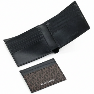 Fully open interior view of a Michael Kors men's bifold wallet showcasing black leather card slots and debossed branding, placed next to a matching brown MK monogram cardholder