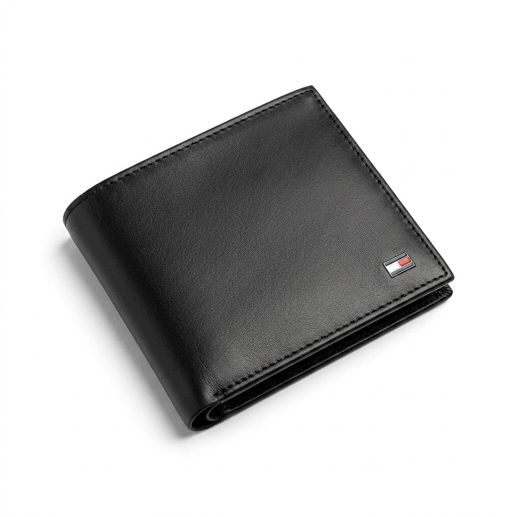 Professional angled studio photograph of the sleek Tommy Hilfiger mirror original smooth black leather bifold wallet