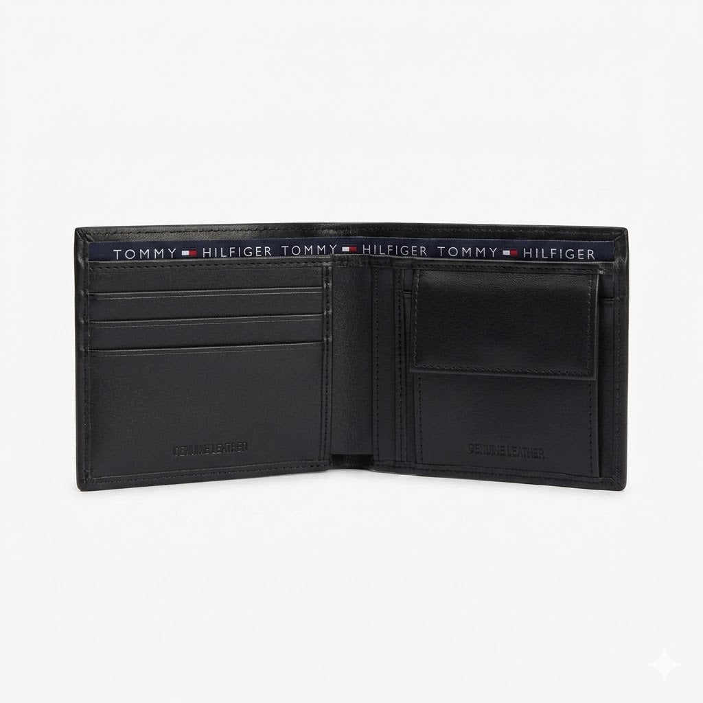 Interior layout view of the Tommy Hilfiger mirror original leather wallet showcasing card slots, signature color stripe, and clear flip-up ID card window