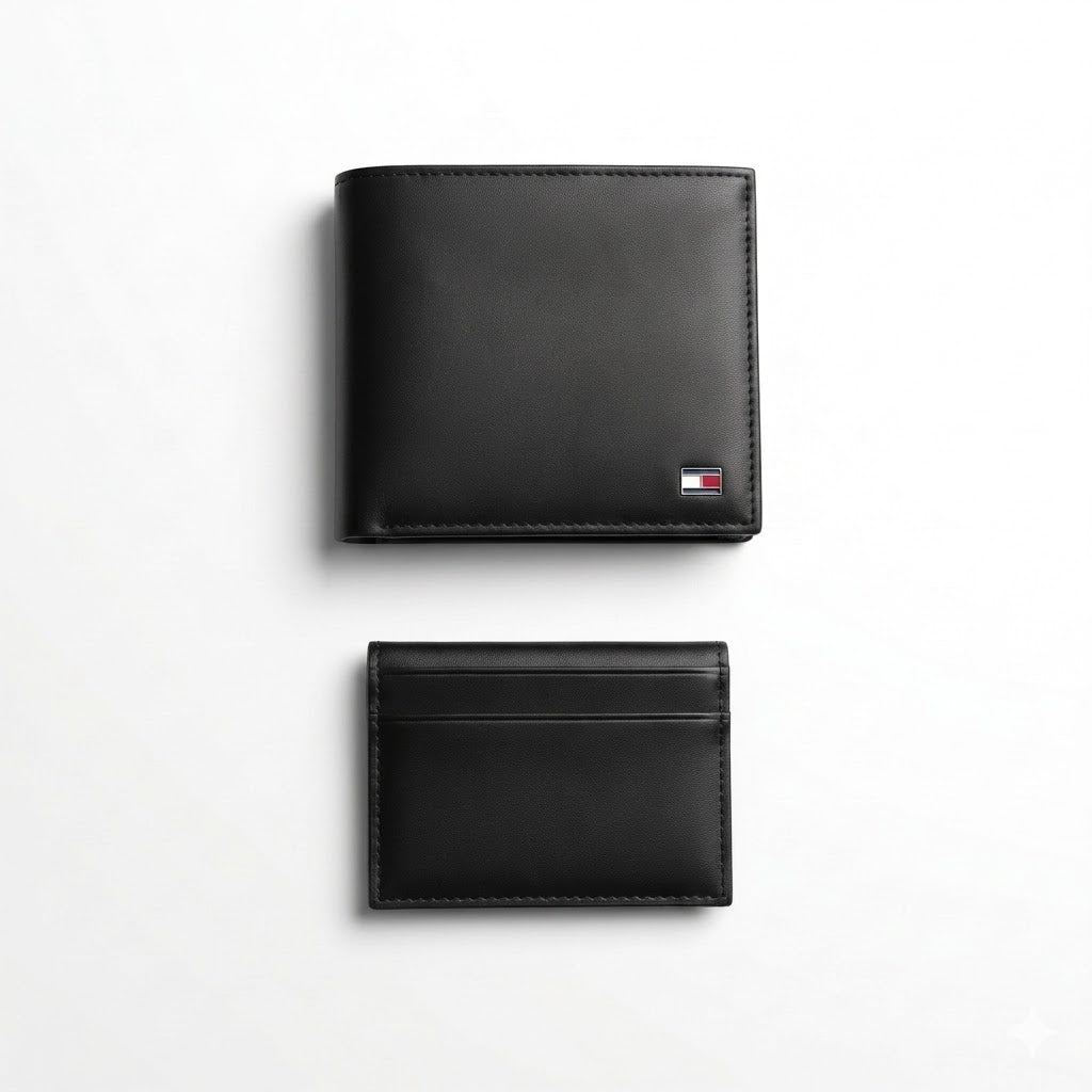 Straight front view product photography of the Tommy Hilfiger mirror original black leather wallet alongside its matching slim card case with vertical ribbon details