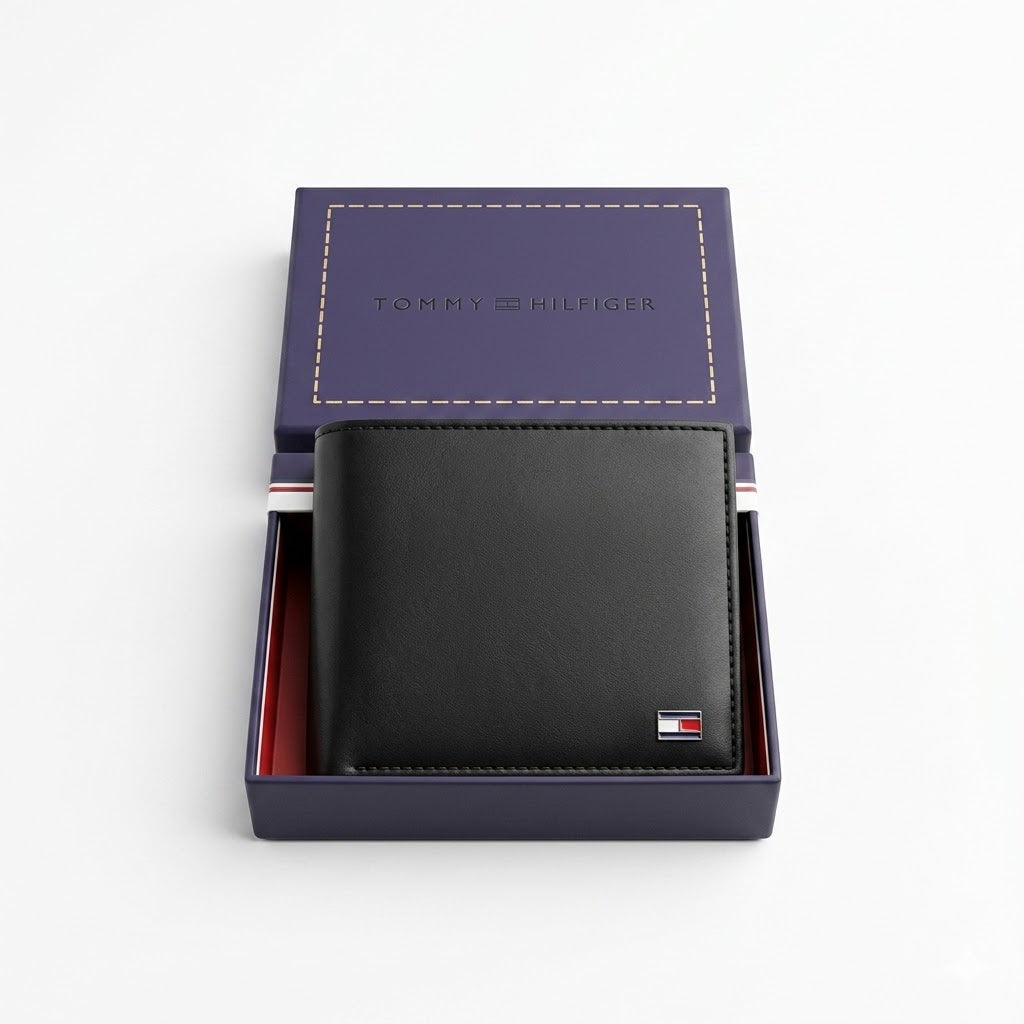 Top-down studio photograph of the Tommy Hilfiger mirror original leather wallet and card case set neatly placed inside its open premium navy gift box