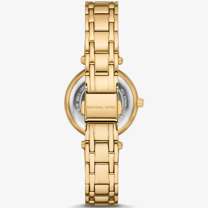 Caseback of Michael Kors Lennox MK01083 women's quartz battery watch showing technical specs white mother of pearl dial and gold metal bracelet