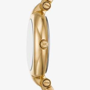 Detailed view of gold-tone crown on Michael Kors Lennox MK01083 women's quartz battery watch with white mother of pearl dial