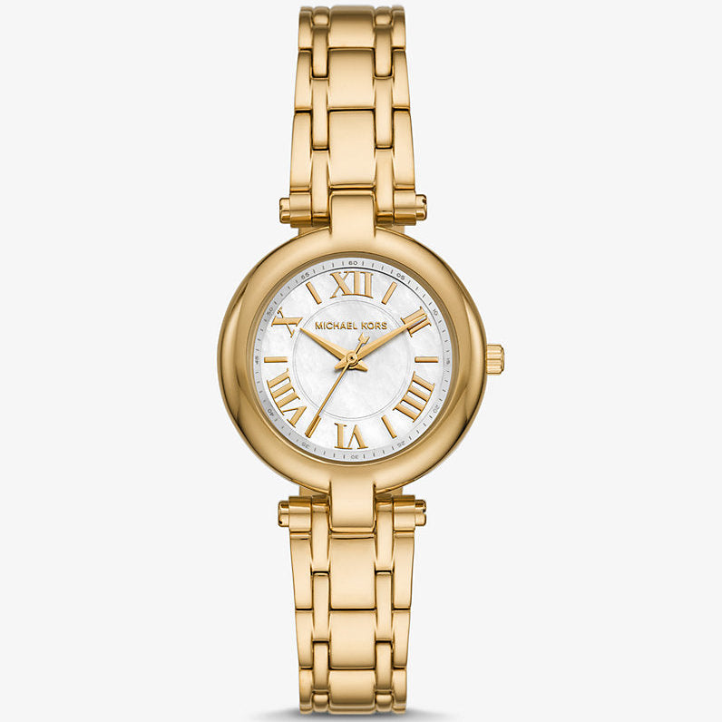 Michael Kors Lennox MK01083 women's quartz battery watch with white mother of pearl dial, gold-tone Roman numerals, gold stainless steel bracelet main view