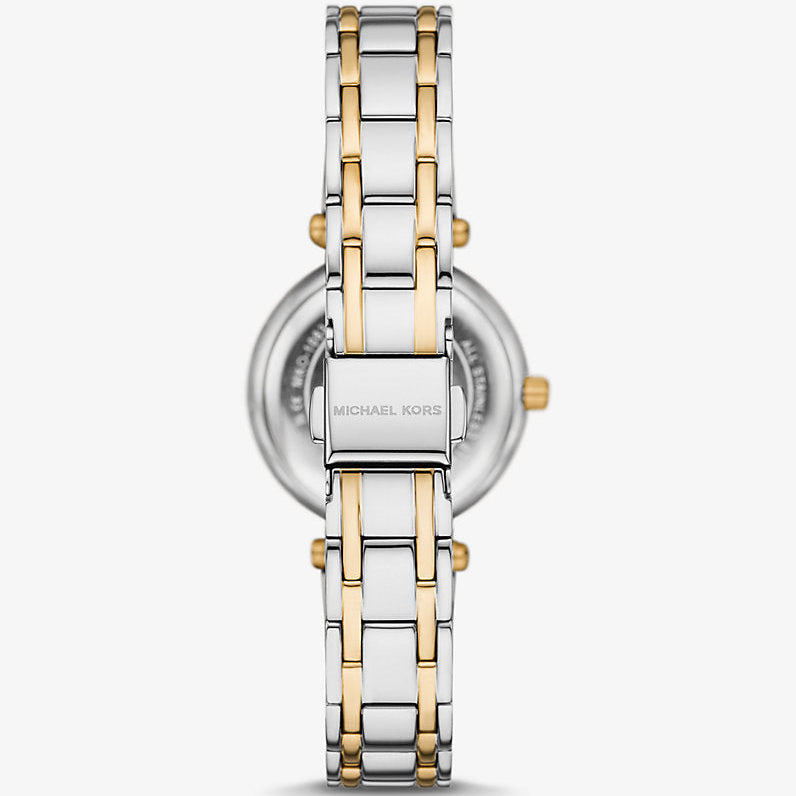 Caseback of Michael Kors Lennox MK01085 showing technical specs blue mother of pearl dial and two-tone metal bracelet