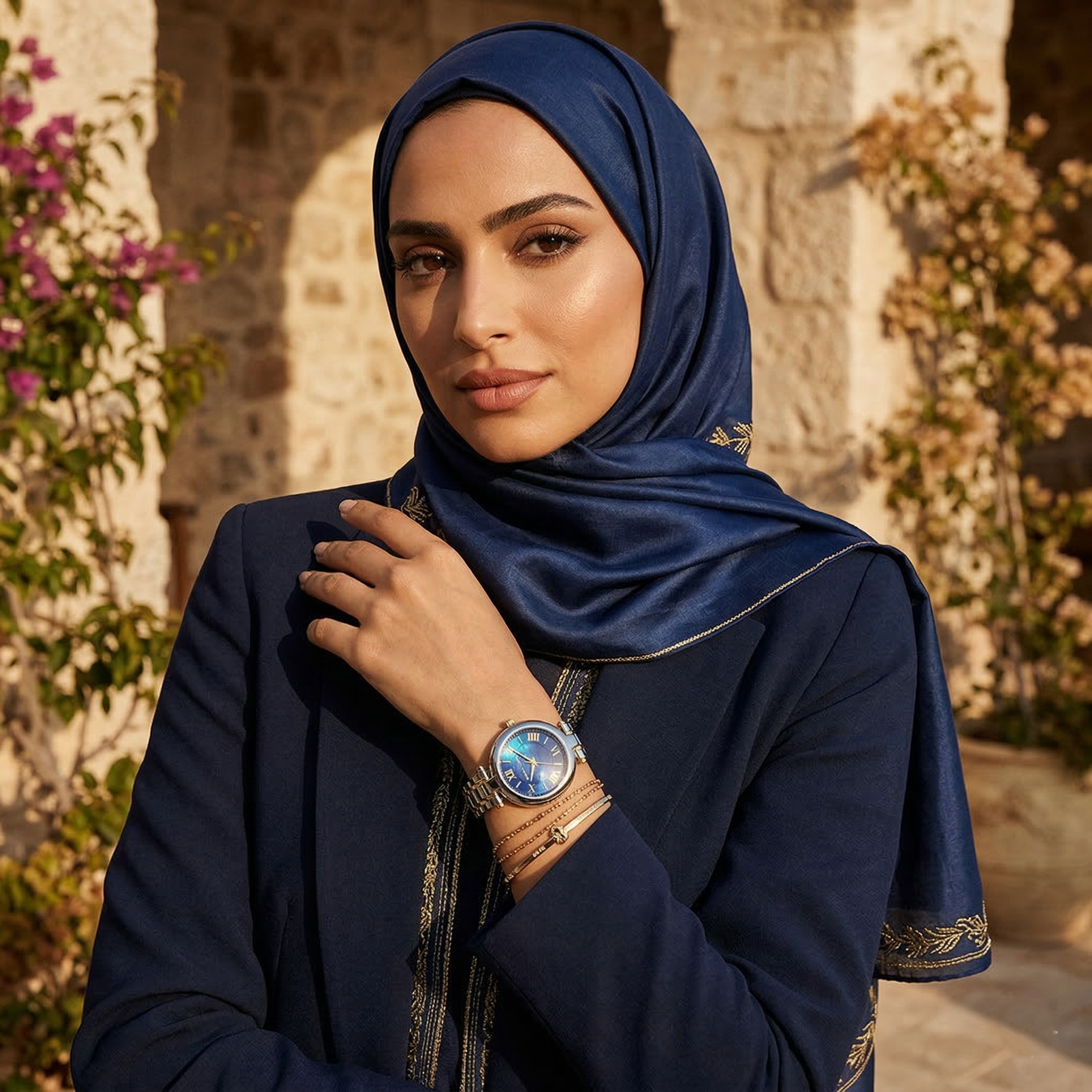 Elegant woman wearing Michael Kors Lennox MK01085 with two-tone silver and gold case and blue mother of pearl dial