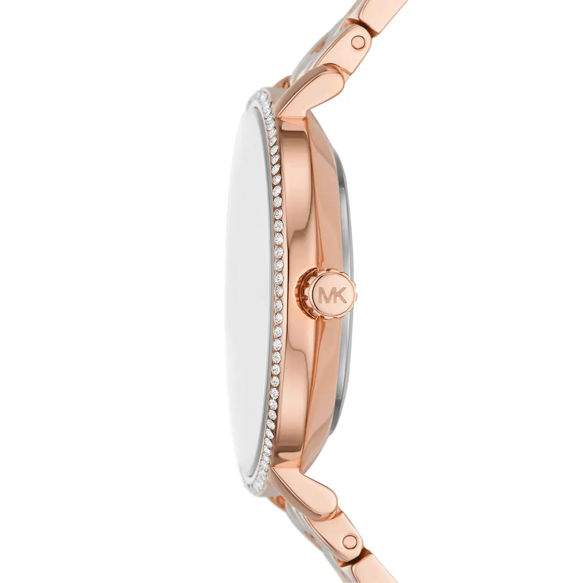 Rose gold watch with MK logo on a white background