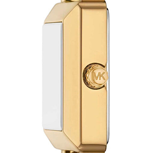 Detail photo of the gold-tone crown on the Michael Kors MK1218 watch