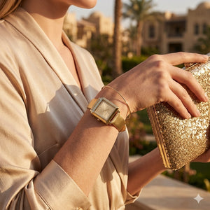 Lifestyle photo of Michael Kors MK1218 showing the delicate gold watch on a woman's wrist