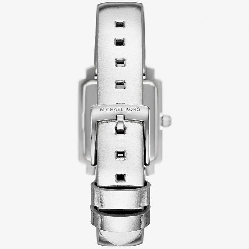 Photo of the silver-tone stainless steel buckle on the metallic leather strap of MK1219