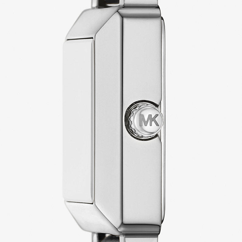 Detail photo of the silver-tone crown on the Michael Kors MK1219 watch