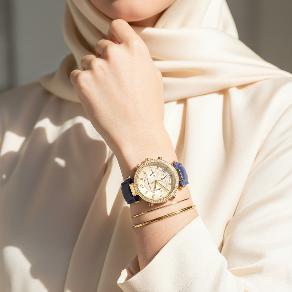 ساعة مايكل كورس MK2280 باركر ذهبي بسير جلد كحلي على معصم محجبة