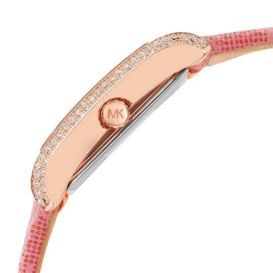 Left side perspective showing the detailed crystal side setting and rose gold crown of the MK2966