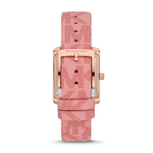 Rose gold-tone stainless steel pin buckle clasp on the pink leather strap of MK2966