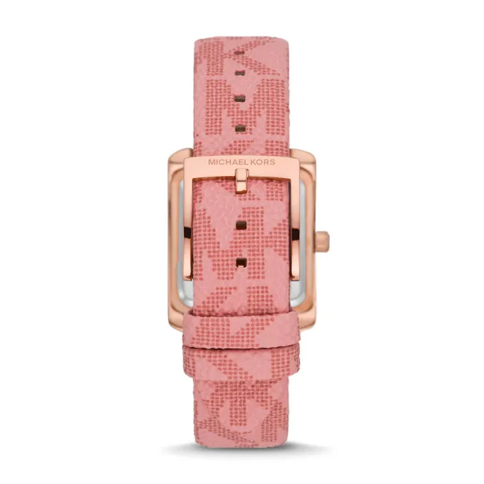Rose gold-tone stainless steel pin buckle clasp on the pink leather strap of MK2966